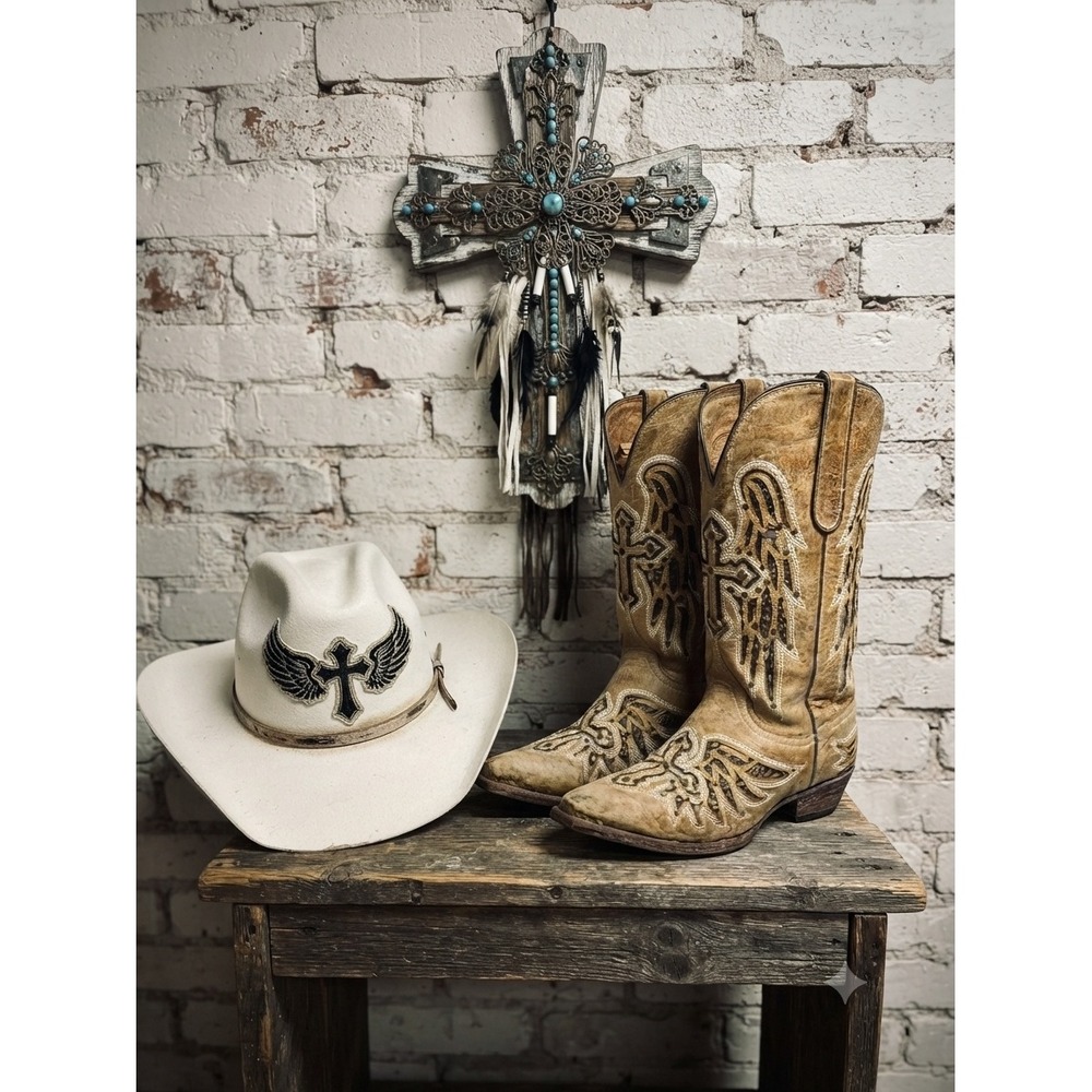 Ferrier Wing and Cross Inlay‎ Distressed Leather Western Boots festival Tan 7B